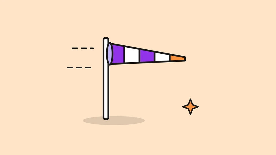 A striped windsock on a pole, blown out to the right, and a small orange spark, on a pale peach field.