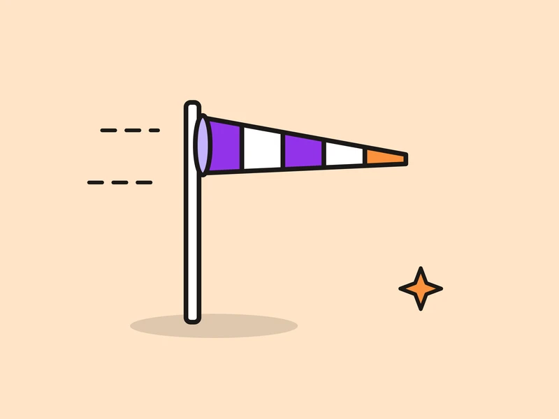 A striped windsock on a pole, blown out to the right, and a small orange spark, on a pale peach field.