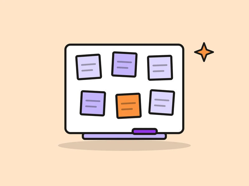 A whiteboard covered in sticky notes, one of them orange, with a marker on the tray, and a small orange spark, on a pale peach field.