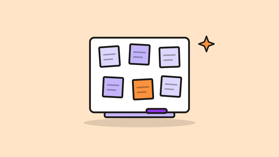 A whiteboard covered in sticky notes, one of them orange, with a marker on the tray, and a small orange spark, on a pale peach field.