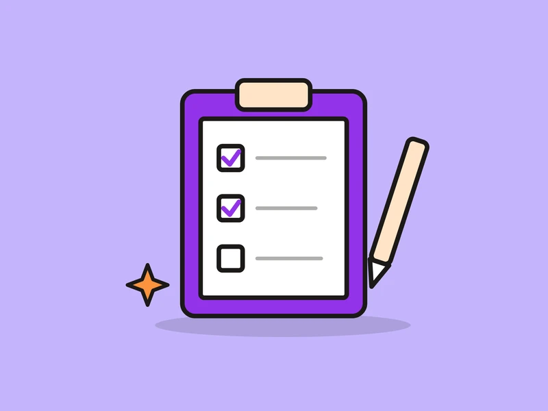A clipboard with two checked boxes and a pencil, and a small orange spark, on a light violet field.
