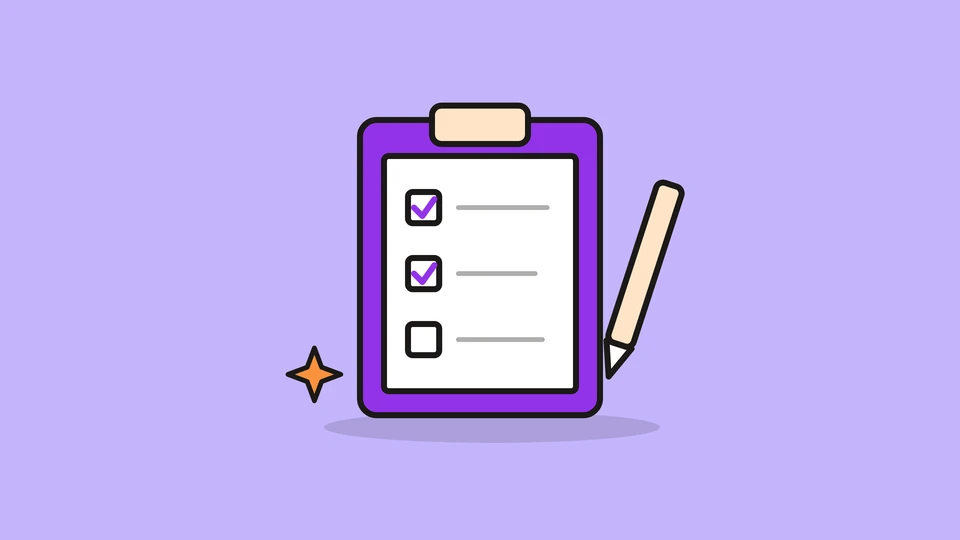 A clipboard with two checked boxes and a pencil, and a small orange spark, on a light violet field.