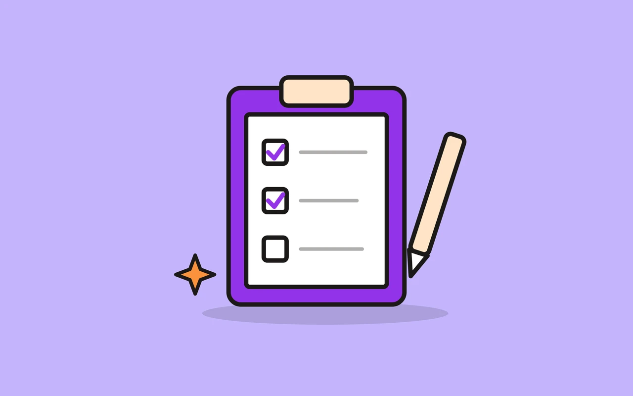A clipboard with two checked boxes and a pencil, and a small orange spark, on a light violet field.