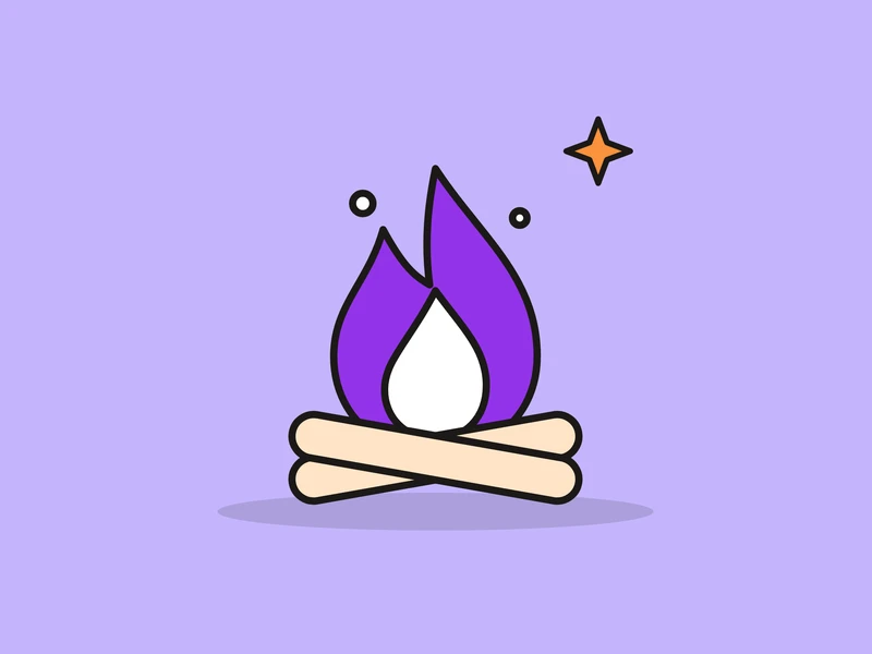A campfire with a violet flame over two crossed logs, and a small orange spark, on a light violet field.