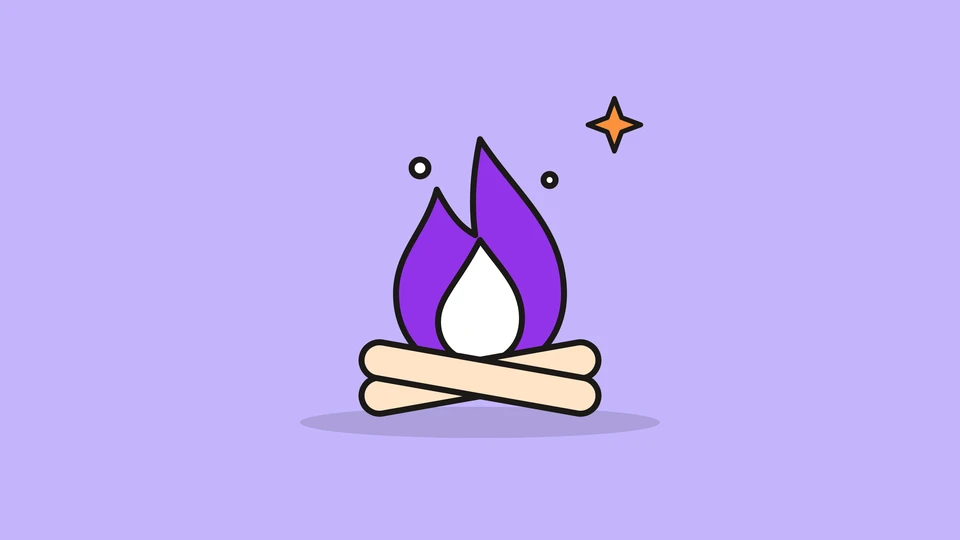A campfire with a violet flame over two crossed logs, and a small orange spark, on a light violet field.