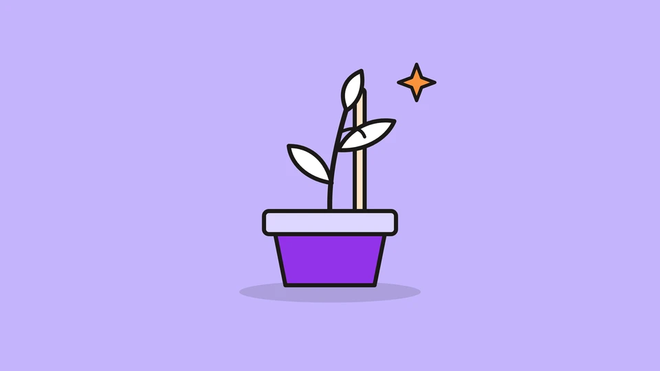 A young plant tied to a cream stake in a violet pot, and a small orange spark, on a light violet field.