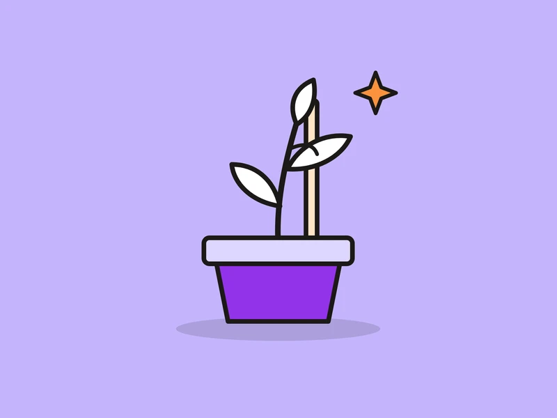 A young plant tied to a cream stake in a violet pot, and a small orange spark, on a light violet field.