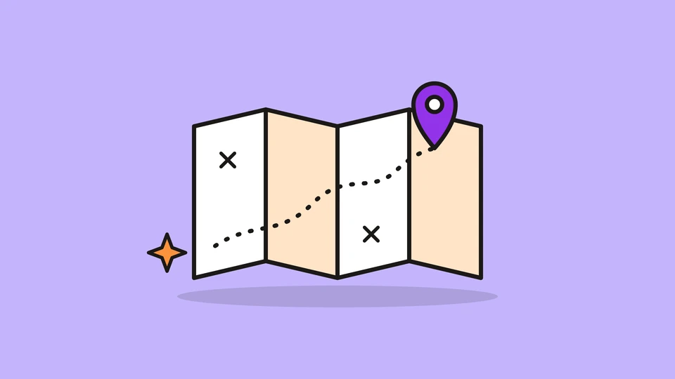 A folded map with a dotted route, two crossed-out spots and a violet pin, and a small orange spark, on a light violet field.