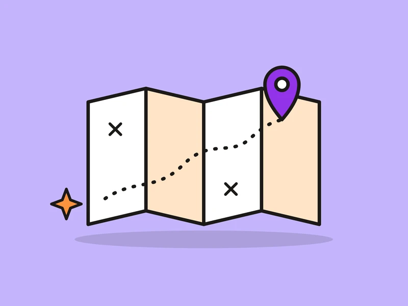 A folded map with a dotted route, two crossed-out spots and a violet pin, and a small orange spark, on a light violet field.