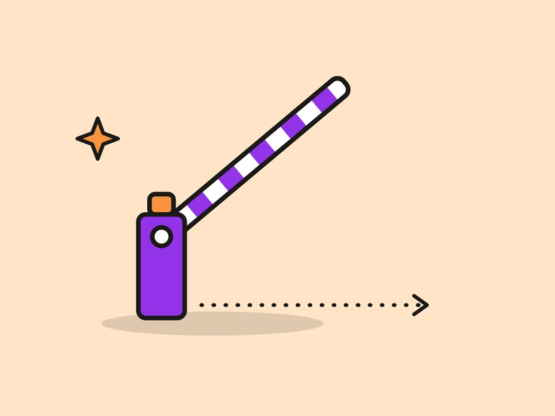 A striped road barrier raised on its post, with a dotted arrow passing underneath, and a small orange spark, on a pale peach field.