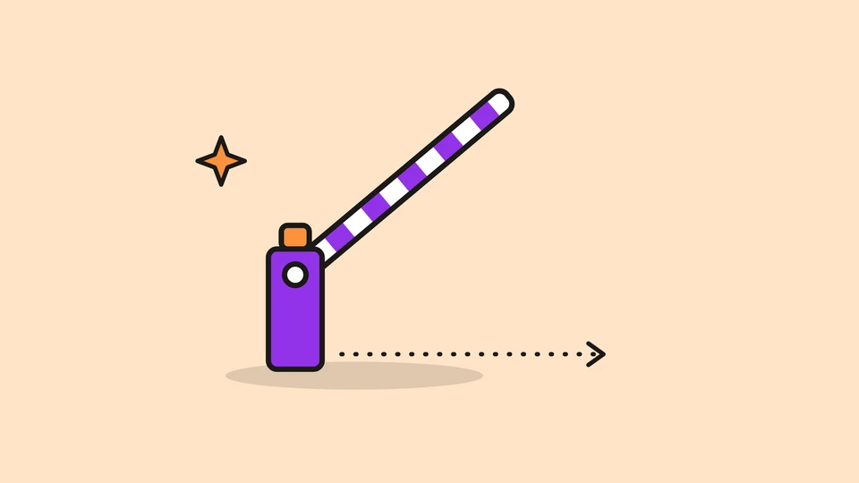 A striped road barrier raised on its post, with a dotted arrow passing underneath, and a small orange spark, on a pale peach field.