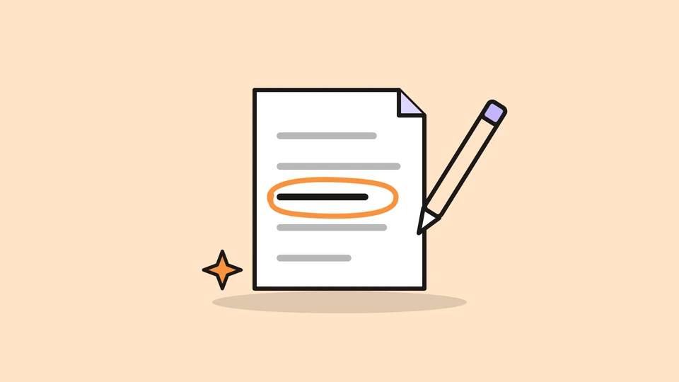 A report page with one line circled in orange and a pencil beside it, and a small orange spark, on a pale peach field.