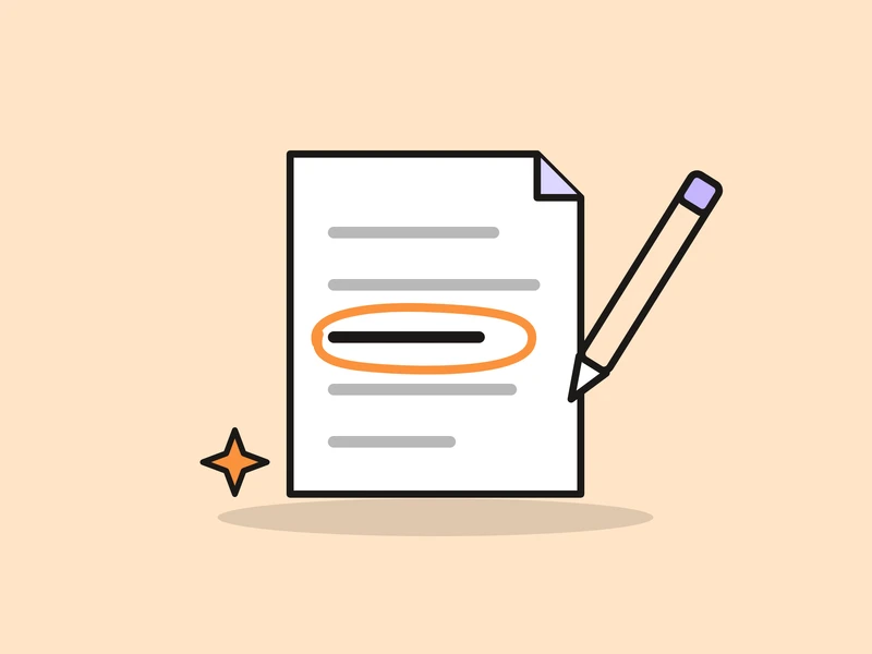 A report page with one line circled in orange and a pencil beside it, and a small orange spark, on a pale peach field.