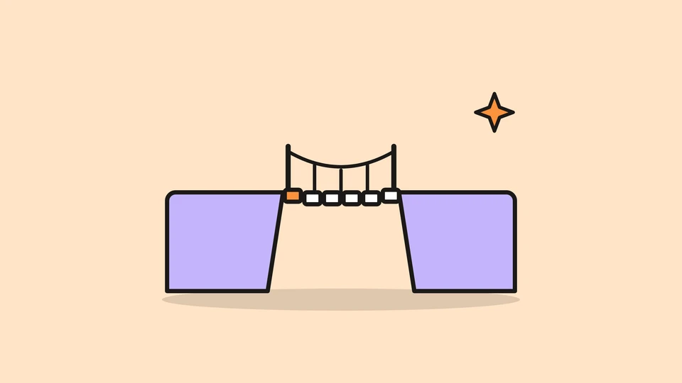 A rope bridge across a gap between two cliffs, its first plank in orange, and a small orange spark, on a pale peach field.