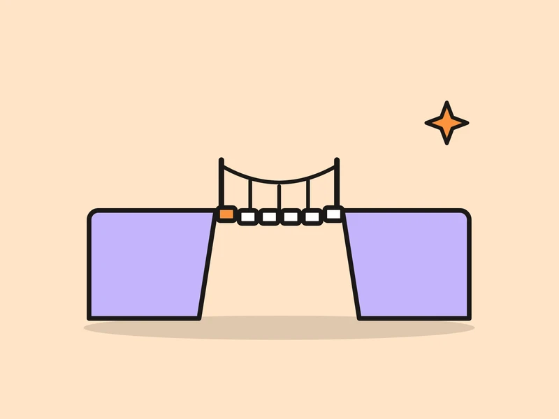 A rope bridge across a gap between two cliffs, its first plank in orange, and a small orange spark, on a pale peach field.