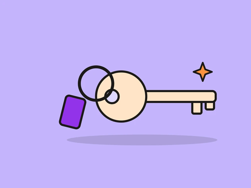A key on a key ring with a violet tag, and a small orange spark, on a light violet field.