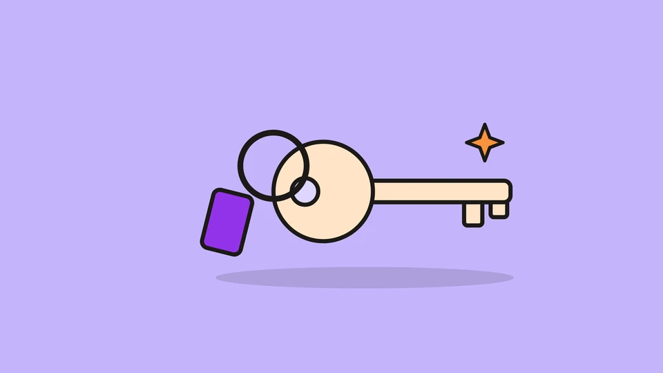 A key on a key ring with a violet tag, and a small orange spark, on a light violet field.