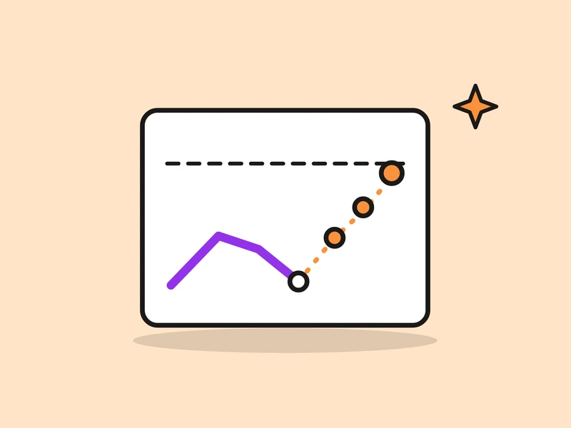 A line chart that dips under a dashed target line, with a dotted orange path of three steps climbing back to it, and a small orange spark, on a pale peach field.