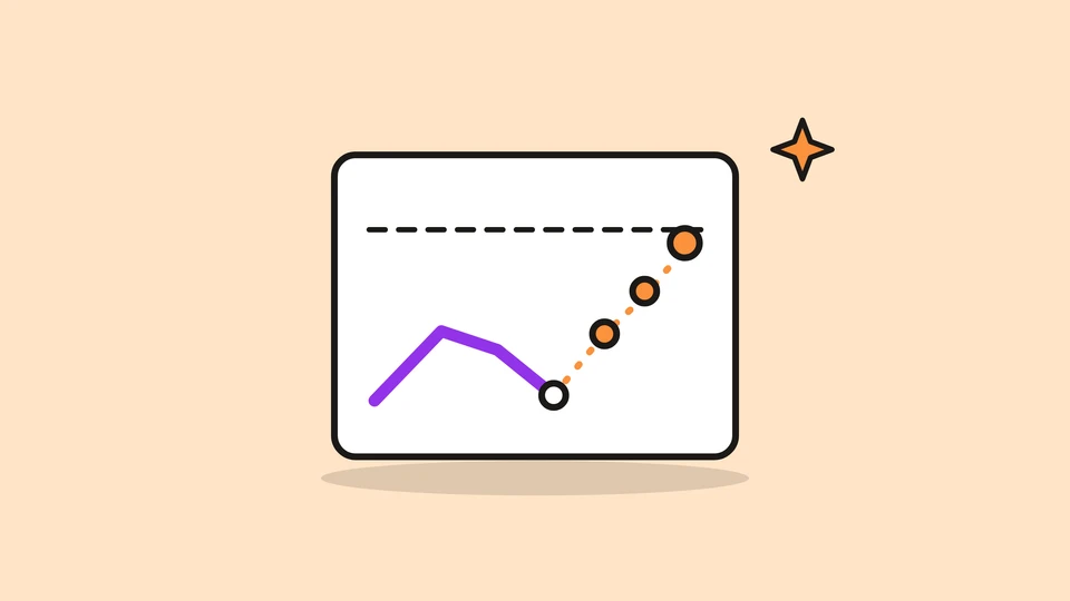 A line chart that dips under a dashed target line, with a dotted orange path of three steps climbing back to it, and a small orange spark, on a pale peach field.