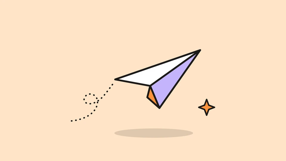 A paper plane flying up to the right after a looping dotted trail, and a small orange spark, on a pale peach field.