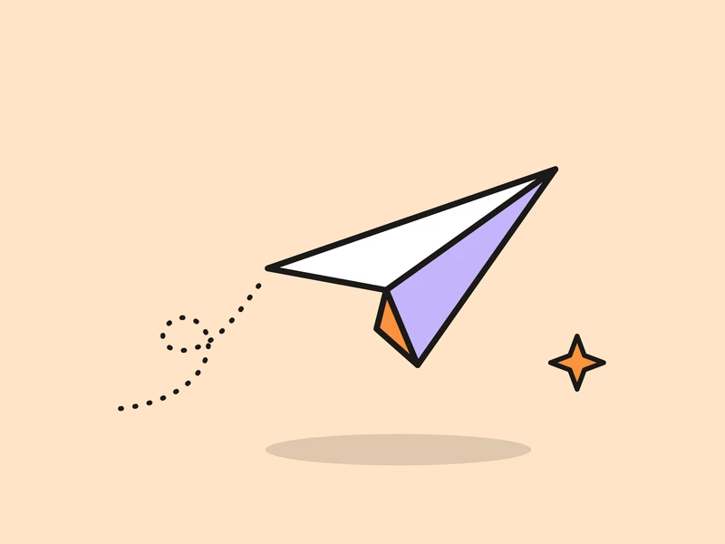 A paper plane flying up to the right after a looping dotted trail, and a small orange spark, on a pale peach field.