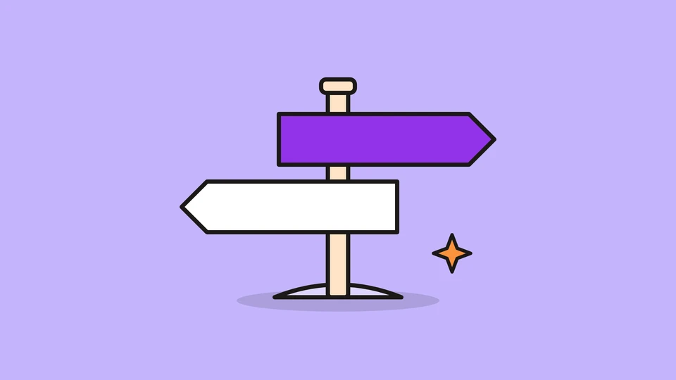 A signpost with two boards pointing opposite ways, one violet and one white, and a small orange spark, on a light violet field.