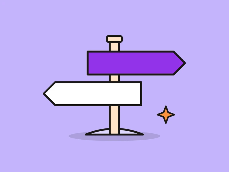 A signpost with two boards pointing opposite ways, one violet and one white, and a small orange spark, on a light violet field.