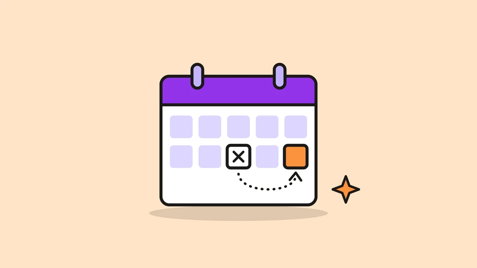 A wall calendar with one date crossed out and a dotted arrow to a new date highlighted in orange, and a small orange spark, on a pale peach field.