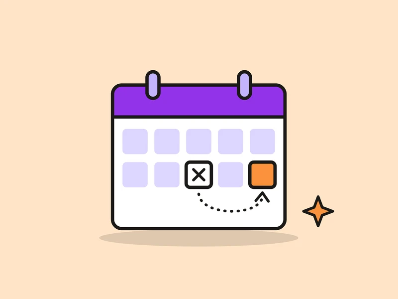 A wall calendar with one date crossed out and a dotted arrow to a new date highlighted in orange, and a small orange spark, on a pale peach field.