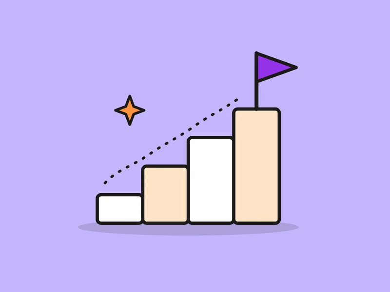 Four white and pale peach steps rising to a violet flag, with a dotted path climbing them, and a small orange spark, on a light violet field.