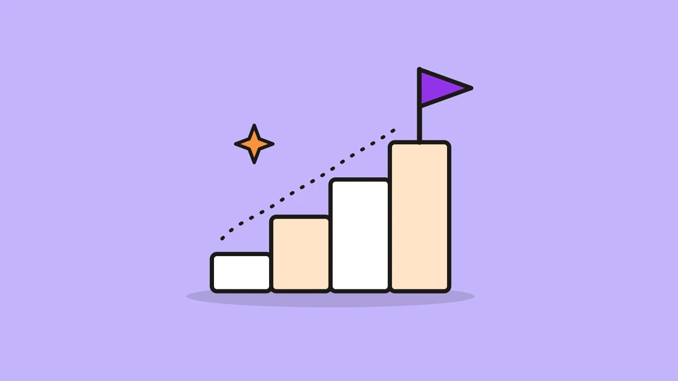 Four white and pale peach steps rising to a violet flag, with a dotted path climbing them, and a small orange spark, on a light violet field.
