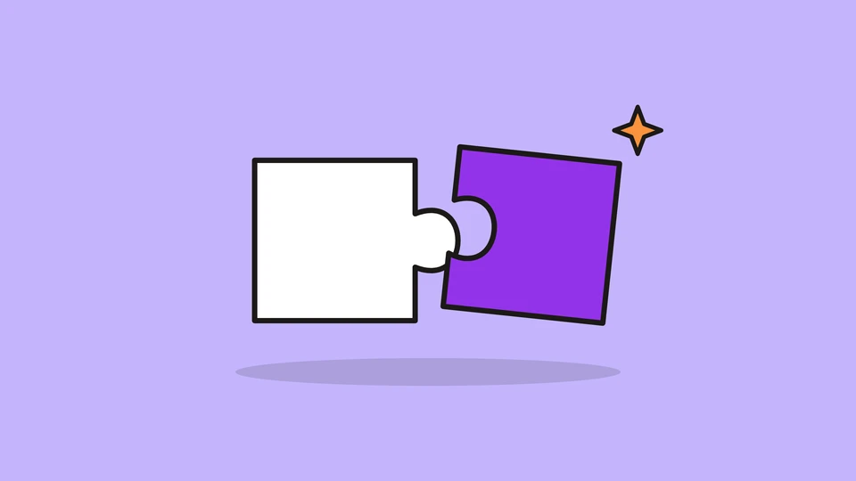 A white puzzle piece and a violet one about to fit together, and a small orange spark, on a light violet field.