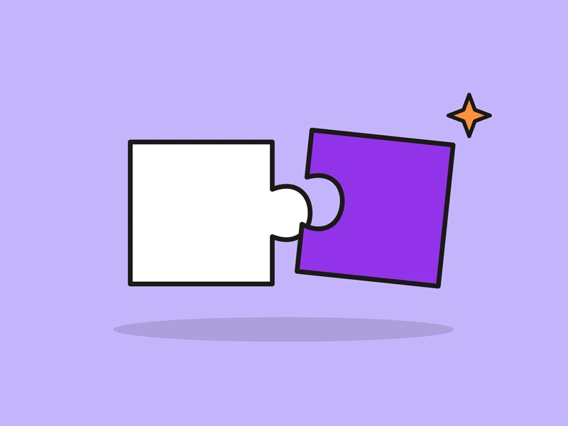 A white puzzle piece and a violet one about to fit together, and a small orange spark, on a light violet field.