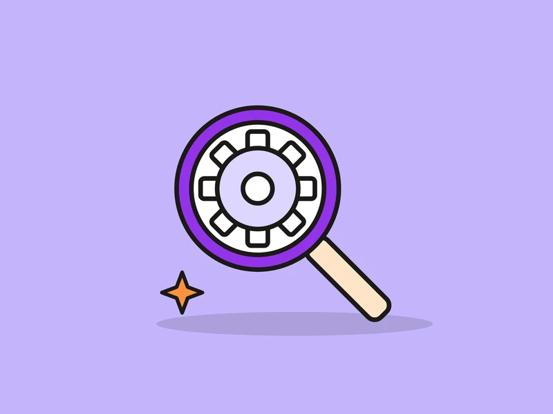 A magnifying glass with a violet rim over a gear, and a small orange spark, on a light violet field.