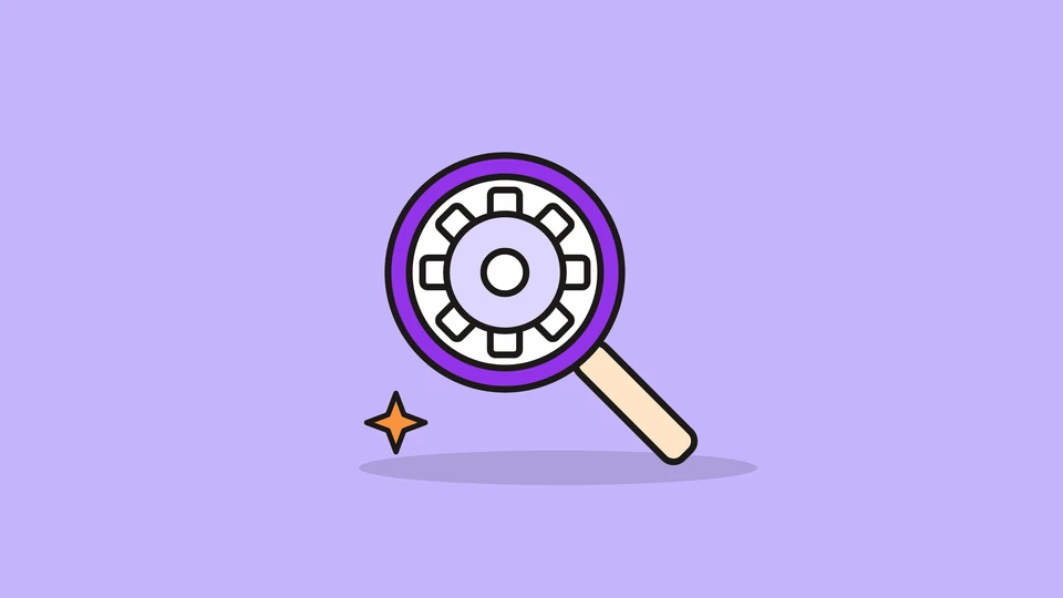 A magnifying glass with a violet rim over a gear, and a small orange spark, on a light violet field.