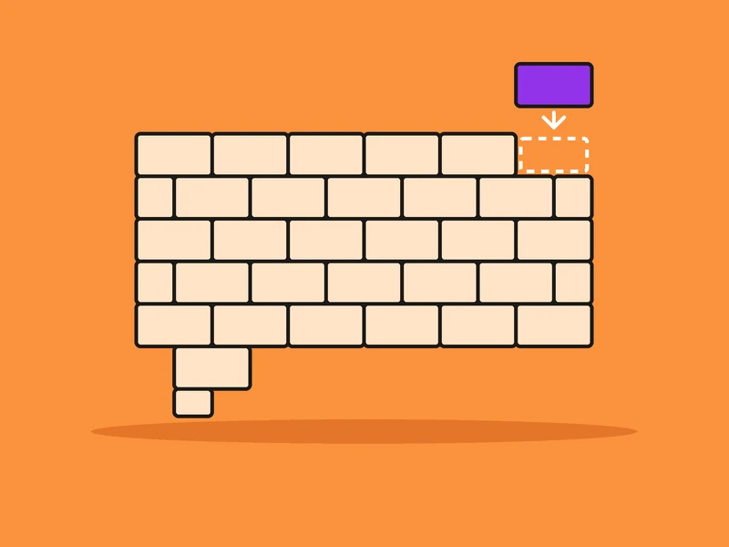 A speech bubble built from peach bricks on an orange background, with one purple brick floating above an empty slot in the bubble.
