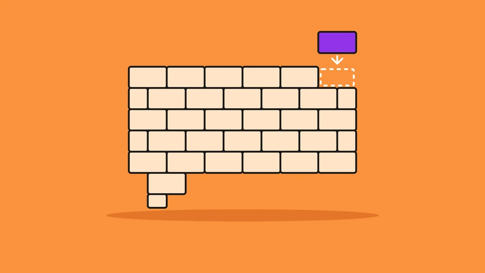 A speech bubble built from peach bricks on an orange background, with one purple brick floating above an empty slot in the bubble.