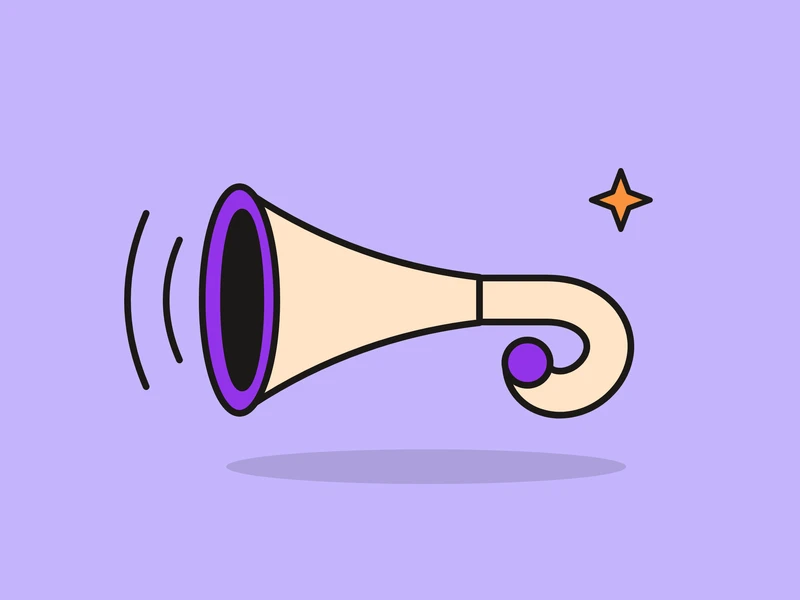 A cream ear trumpet with a violet rim and two sound waves going into it, and a small orange spark, on a light violet field.