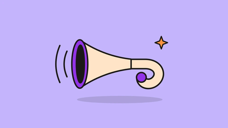 A cream ear trumpet with a violet rim and two sound waves going into it, and a small orange spark, on a light violet field.