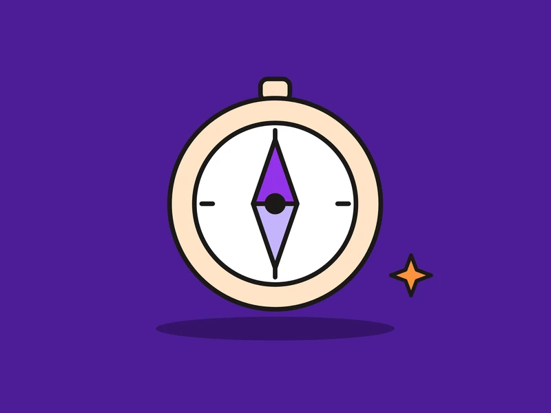 A compass with a violet needle and a small orange spark, on a deep violet field.