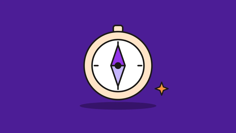A compass with a violet needle and a small orange spark, on a deep violet field.
