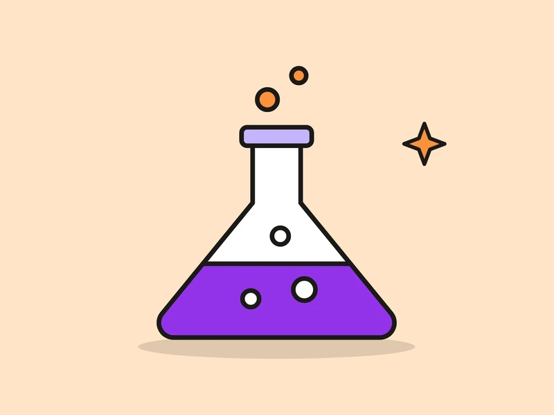 A laboratory flask with violet liquid and bubbles that rise out of the neck in orange, and a small orange spark, on a pale peach field.