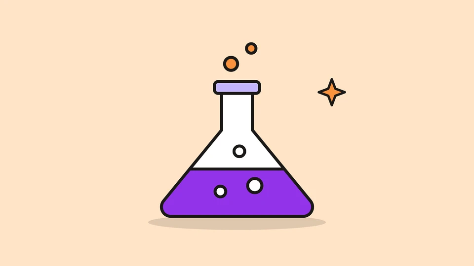 A laboratory flask with violet liquid and bubbles that rise out of the neck in orange, and a small orange spark, on a pale peach field.